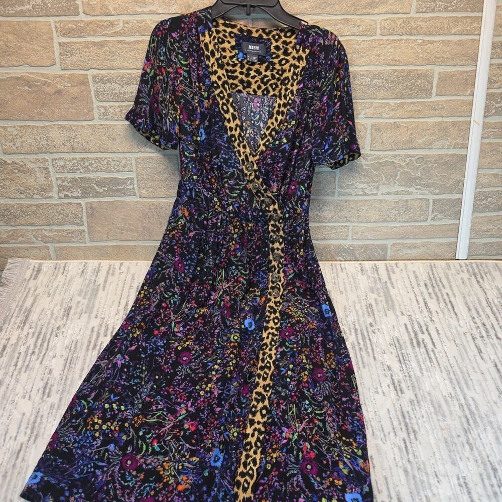 Anthropologie Maeve Floral Leopard Dress Faux Wrap Morgan Midi Sz 0 - Picture 11 of 12